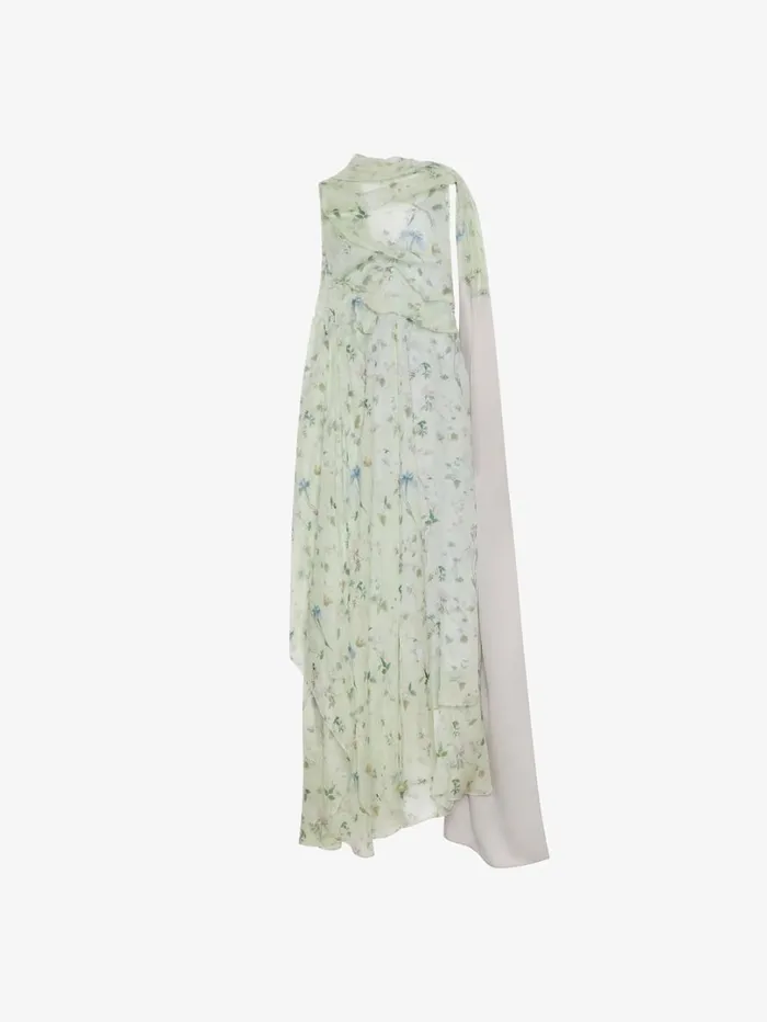 Givenchy Printed Draped Dress In Silk Chiffon With Lavallire Ice Blue Women Dresses