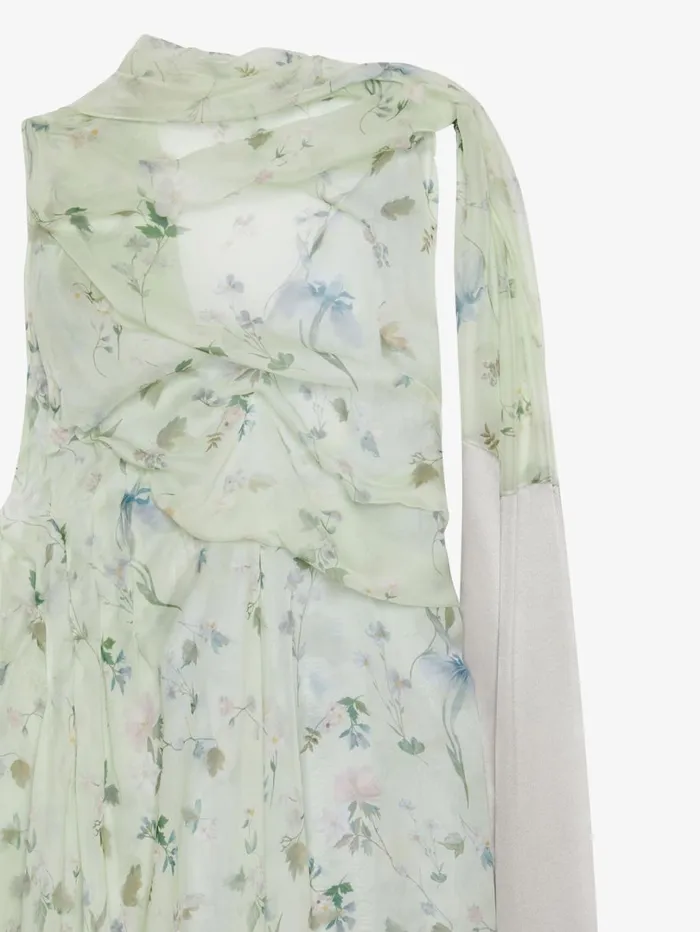 Givenchy Printed Draped Dress In Silk Chiffon With Lavallire Ice Blue Women Dresses
