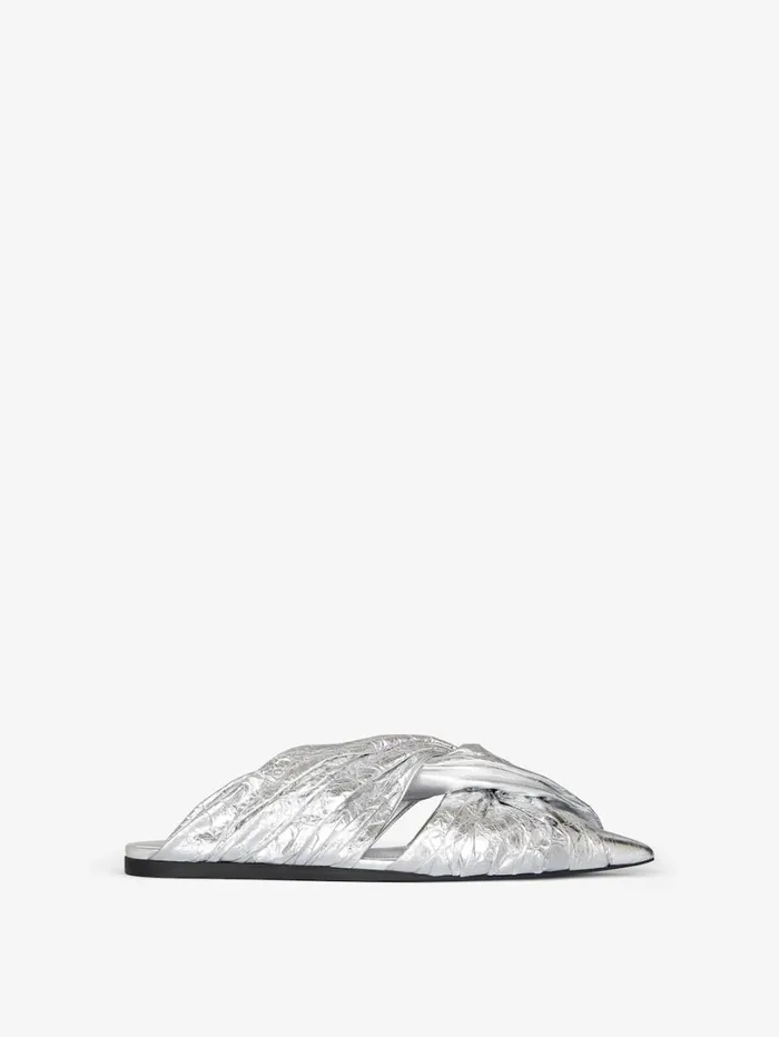 Givenchy Twist Flat Mules In Laminated Leather Silvery Women Slides and Sandals