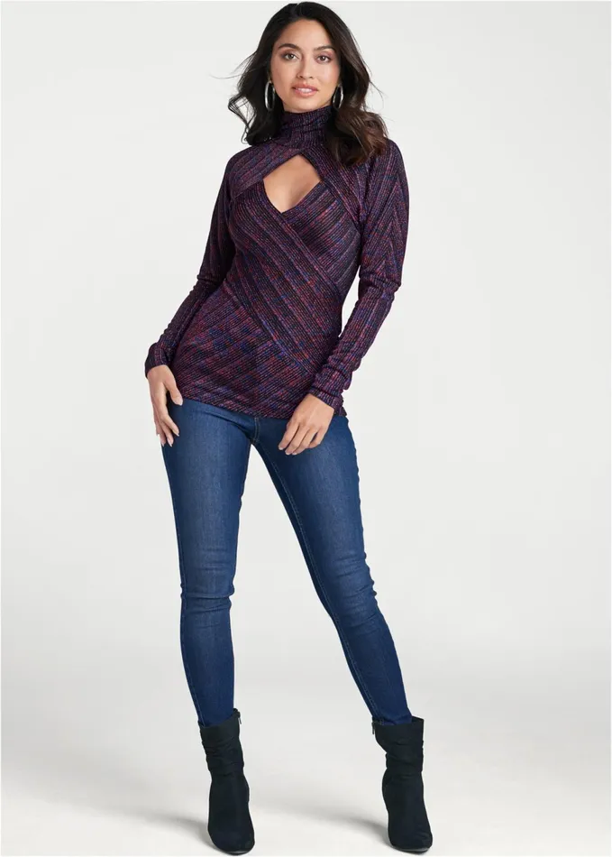 Glitter Mockneck Top Black Multi Women VENUS Night Out Tops