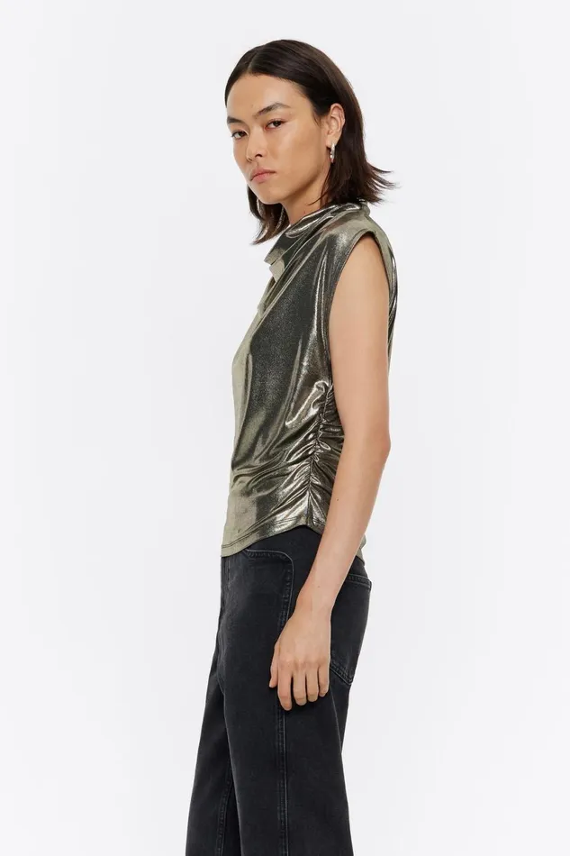 Gold Metallic Ruched Top Gold Women Bimba Y Lola TShirts Gold Metallic Ruched Top Gold Women Bimba Y Lola TShirts