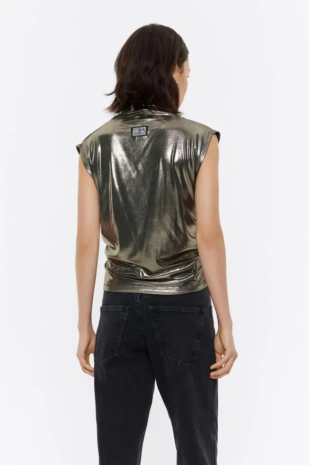 Gold Metallic Ruched Top Gold Women Bimba Y Lola TShirts Gold Metallic Ruched Top Gold Women Bimba Y Lola TShirts