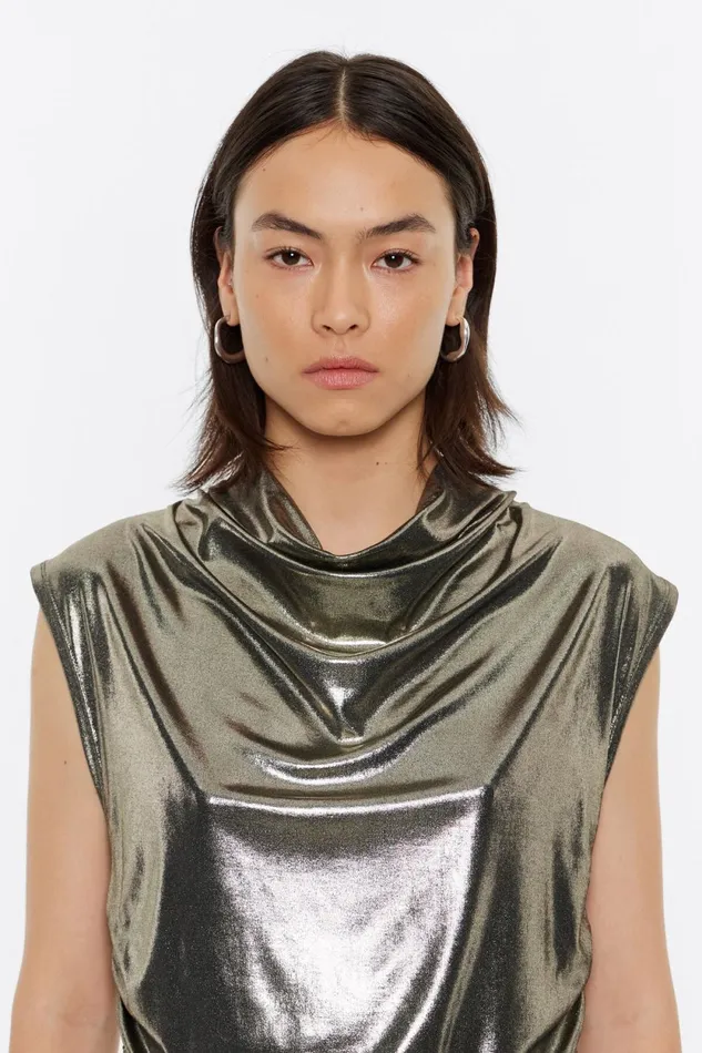 Gold Metallic Ruched Top Gold Women Bimba Y Lola TShirts Gold Metallic Ruched Top Gold Women Bimba Y Lola TShirts