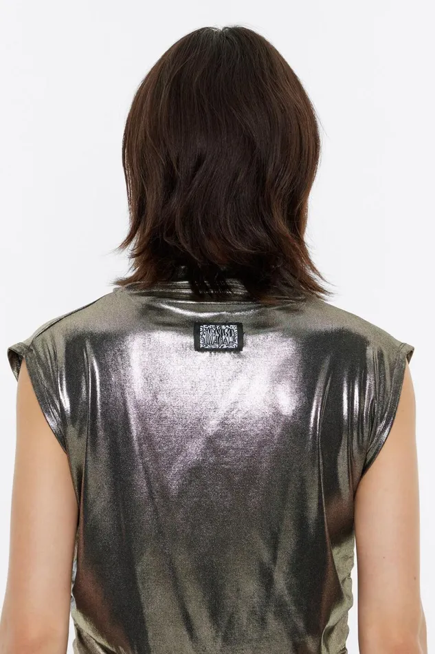 Gold Metallic Ruched Top Gold Women Bimba Y Lola TShirts Gold Metallic Ruched Top Gold Women Bimba Y Lola TShirts