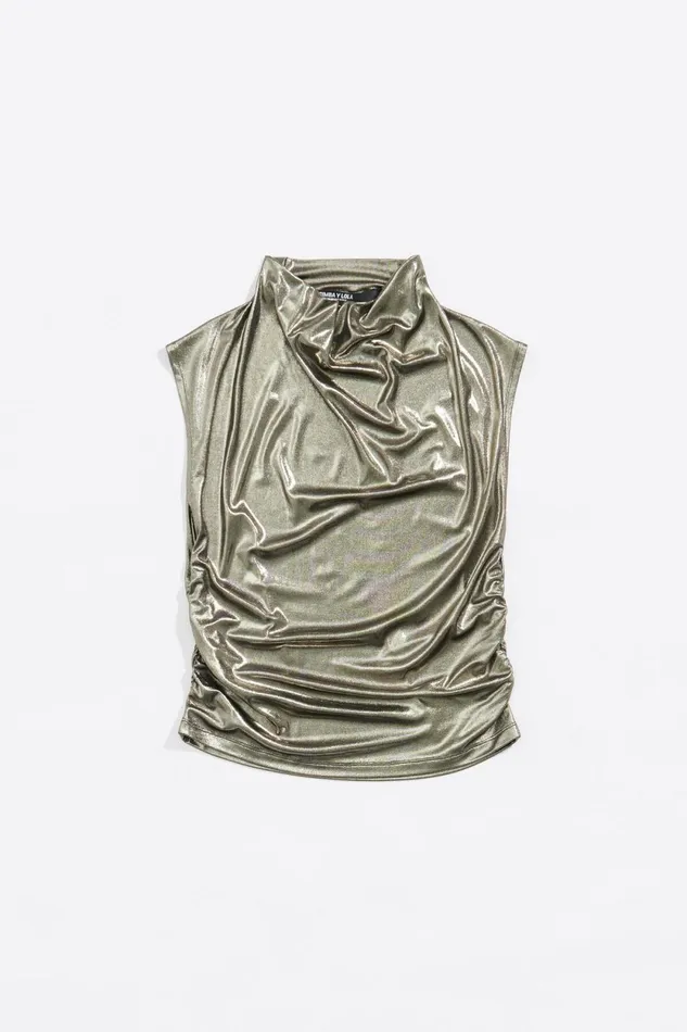 Gold Metallic Ruched Top Gold Women Bimba Y Lola TShirts Gold Metallic Ruched Top Gold Women Bimba Y Lola TShirts
