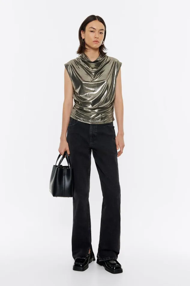 Gold Metallic Ruched Top Gold Women Bimba Y Lola TShirts Gold Metallic Ruched Top Gold Women Bimba Y Lola TShirts