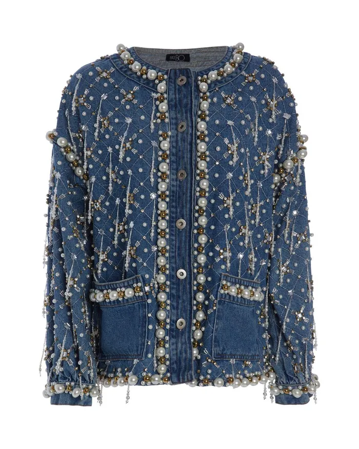 Jackets Women PatBO HANDBEADED PEARL AND RHINESTONE DENIM JACKET RUNWAY