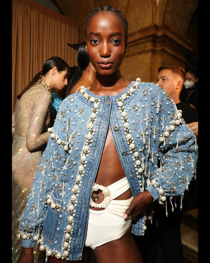 Jackets Women PatBO HANDBEADED PEARL AND RHINESTONE DENIM JACKET RUNWAY
