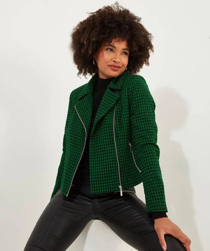Joe Browns Coats and Jackets Women Meg Dogstooth Biker Jacket Green