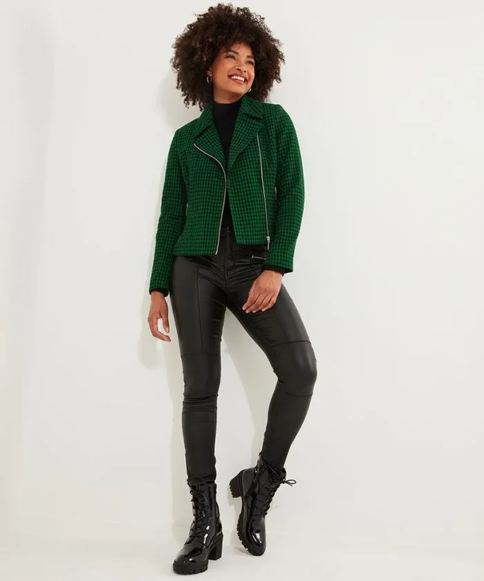 Joe Browns Coats and Jackets Women Meg Dogstooth Biker Jacket Green Joe Browns Coats and Jackets Women Meg Dogstooth Biker Jacket Green