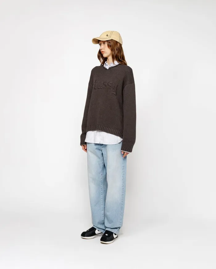 Knits MenWomen Stussy EMBROIDERED VNECK LOGO SWEATER Brown