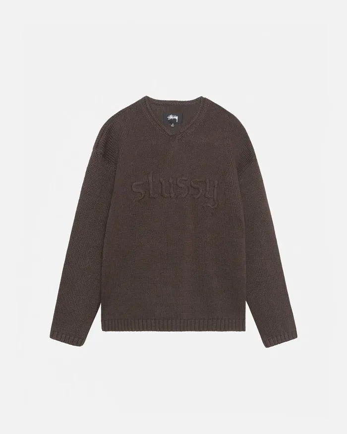 Knits MenWomen Stussy EMBROIDERED VNECK LOGO SWEATER Brown