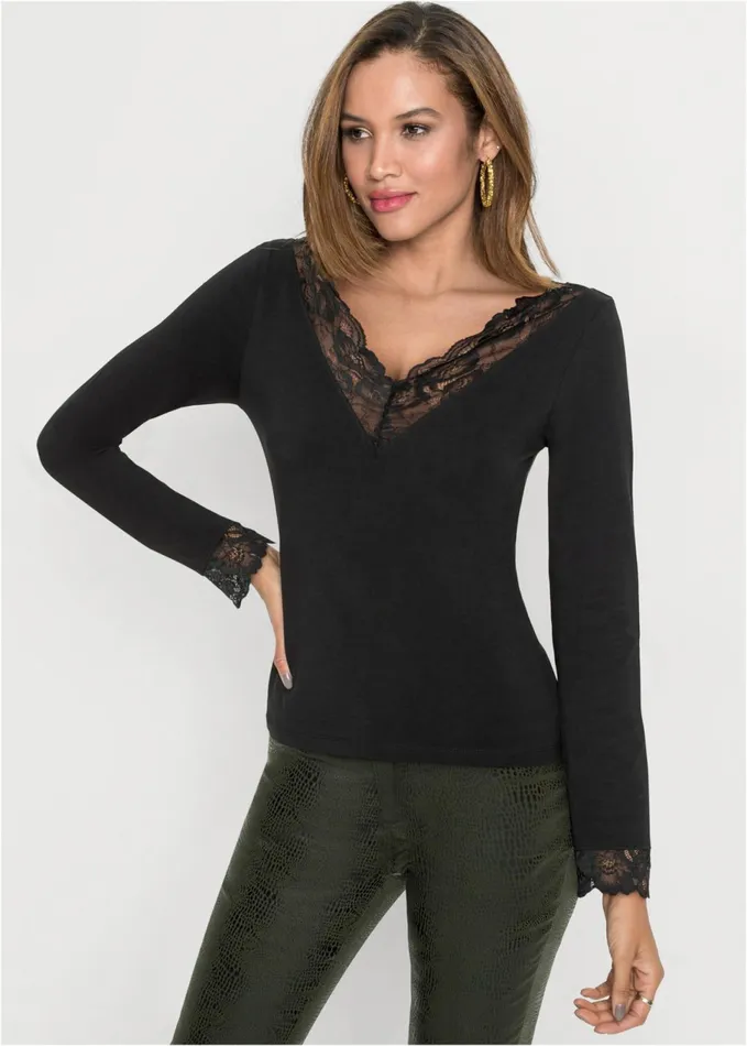 LACE TRIM TOP Black Women VENUS Long Sleeve Tops