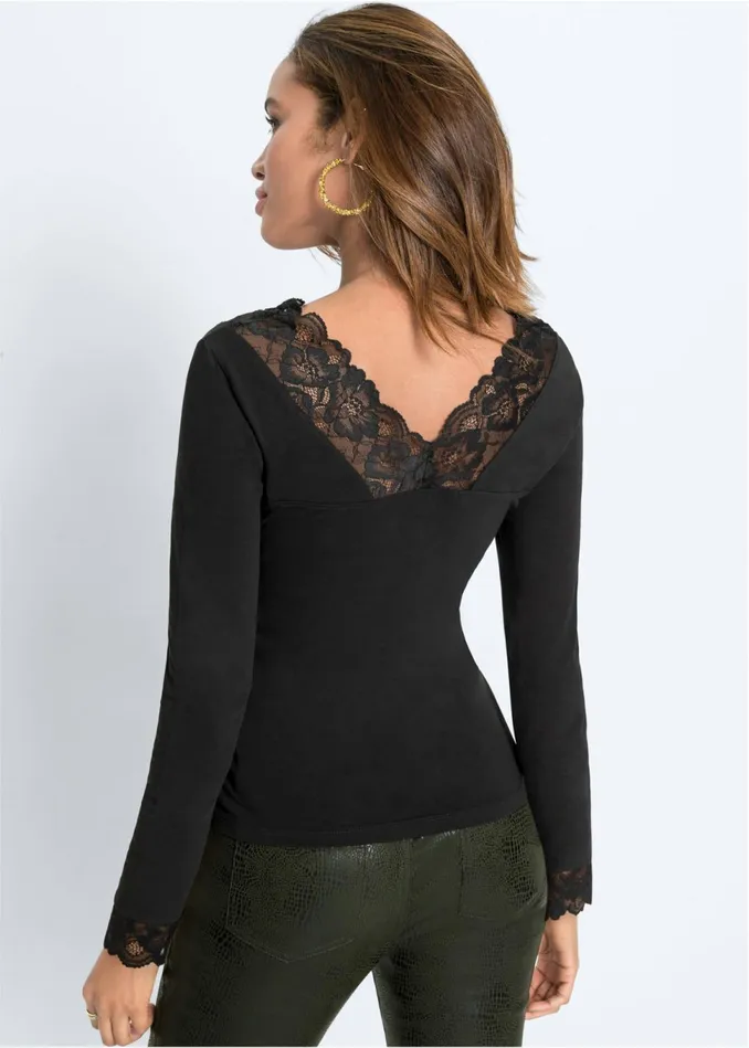 LACE TRIM TOP Black Women VENUS Long Sleeve Tops