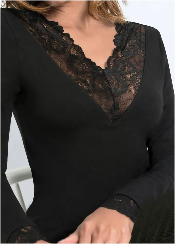 LACE TRIM TOP Black Women VENUS Long Sleeve Tops