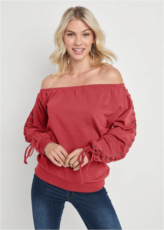 LaceUp Sleeve Sweatshirt Red Women VENUS Sweatshirts and Hoodies