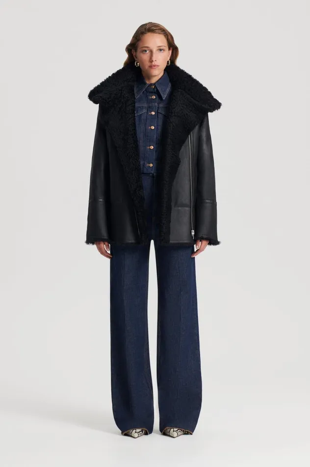 Leather Women Scanlan Theodore SHEARLING TRAPEZE JACKET Black