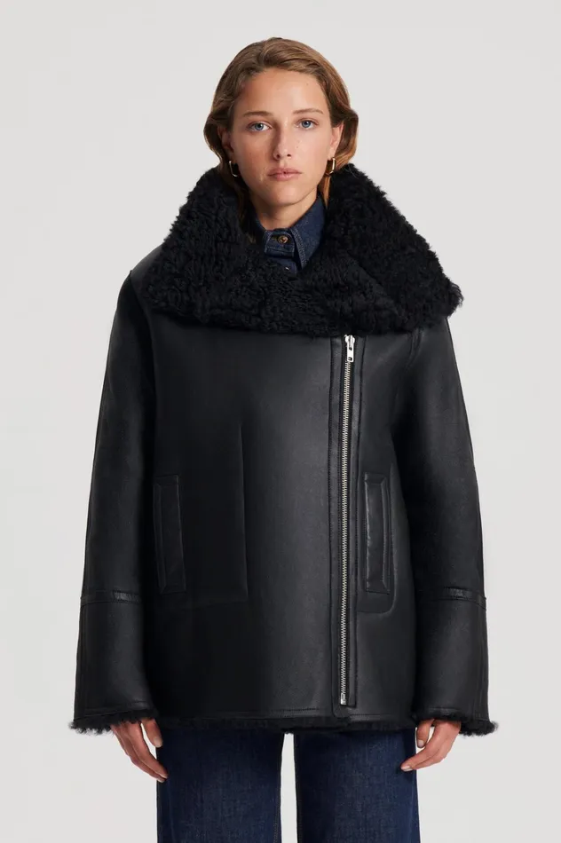 Leather Women Scanlan Theodore SHEARLING TRAPEZE JACKET Black Leather Women Scanlan Theodore SHEARLING TRAPEZE JACKET Black