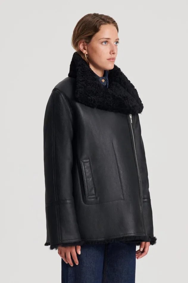 Leather Women Scanlan Theodore SHEARLING TRAPEZE JACKET Black Leather Women Scanlan Theodore SHEARLING TRAPEZE JACKET Black