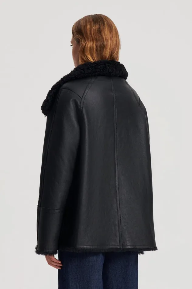 Leather Women Scanlan Theodore SHEARLING TRAPEZE JACKET Black Leather Women Scanlan Theodore SHEARLING TRAPEZE JACKET Black