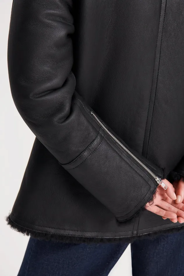Leather Women Scanlan Theodore SHEARLING TRAPEZE JACKET Black Leather Women Scanlan Theodore SHEARLING TRAPEZE JACKET Black
