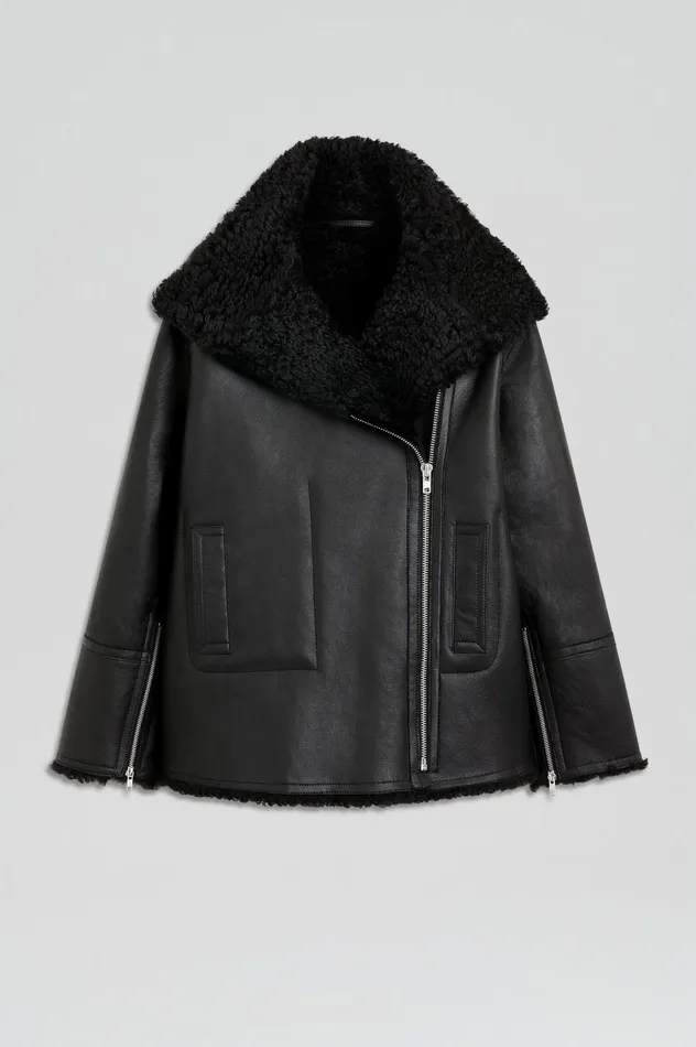 Leather Women Scanlan Theodore SHEARLING TRAPEZE JACKET Black Leather Women Scanlan Theodore SHEARLING TRAPEZE JACKET Black