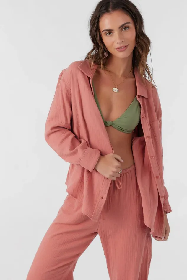 LENI CRINKLE DOUBLE GAUZE BUTTON DOWN SHIRT Canyon Rose Women O039NEILL Collections