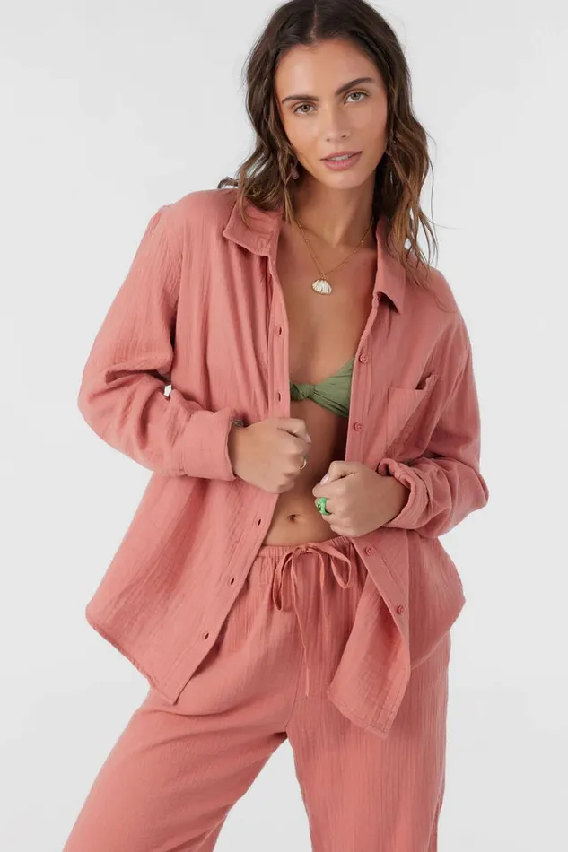 LENI CRINKLE DOUBLE GAUZE BUTTON DOWN SHIRT Canyon Rose Women O039NEILL Collections