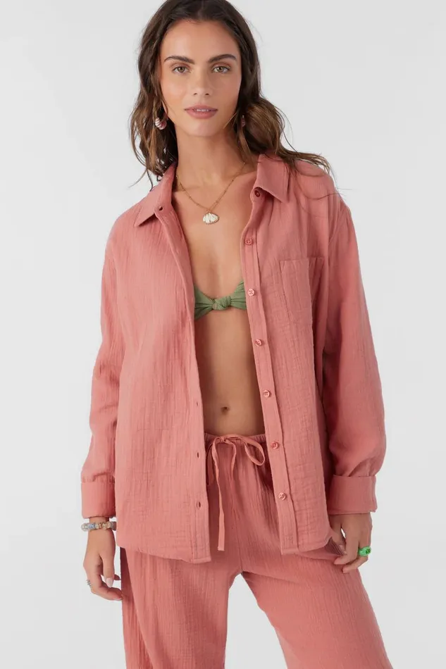 LENI CRINKLE DOUBLE GAUZE BUTTON DOWN SHIRT Canyon Rose Women O039NEILL Collections