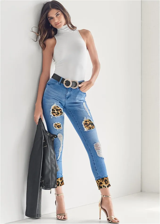 LEOPARD CUFFED JEANS Light Wash Women VENUS Novelty Jeans