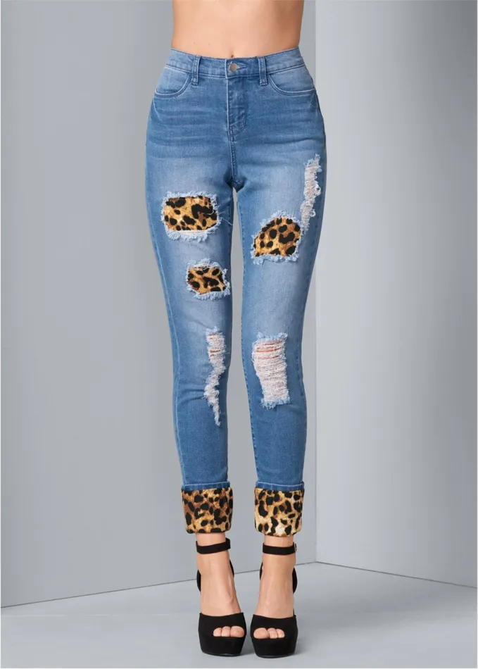 LEOPARD CUFFED JEANS Light Wash Women VENUS Novelty Jeans
