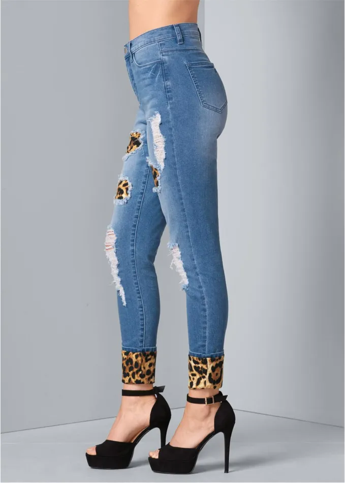LEOPARD CUFFED JEANS Light Wash Women VENUS Novelty Jeans