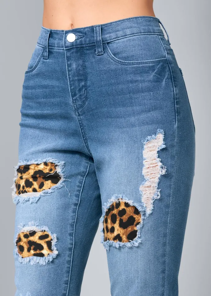 LEOPARD CUFFED JEANS Light Wash Women VENUS Novelty Jeans