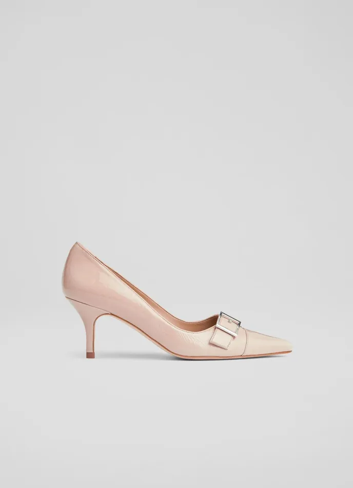LK Bennett Billie Beige Crinkle Patent BuckleDetail Courts Women Court Shoes