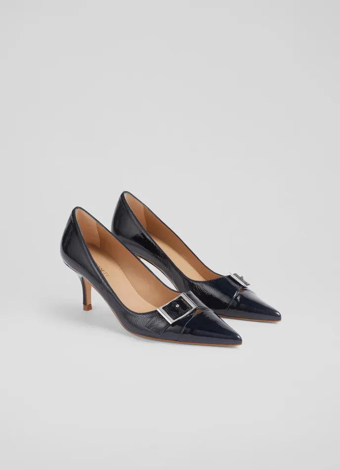 LK Bennett Billie Beige Crinkle Patent BuckleDetail Courts Women Court Shoes