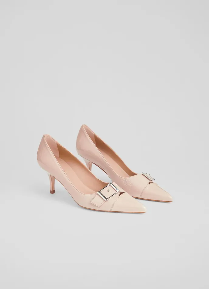 LK Bennett Billie Beige Crinkle Patent BuckleDetail Courts Women Court Shoes