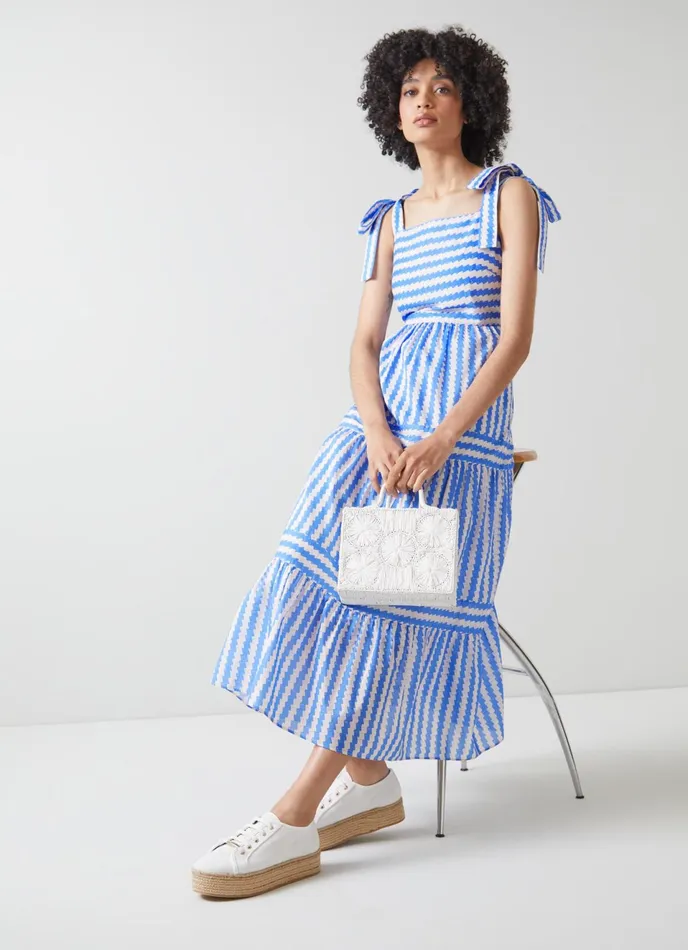 LK Bennett Caprice Blue And Cream Wavy Stripe CottonSilk Tiered Dress Women Dresses