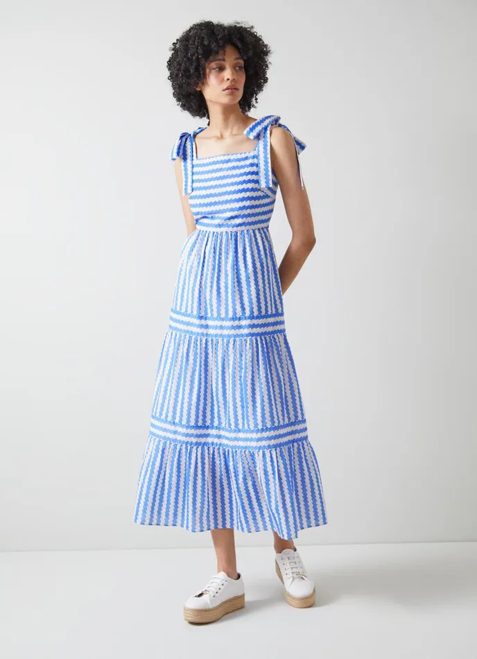 LK Bennett Caprice Blue And Cream Wavy Stripe CottonSilk Tiered Dress Women Dresses