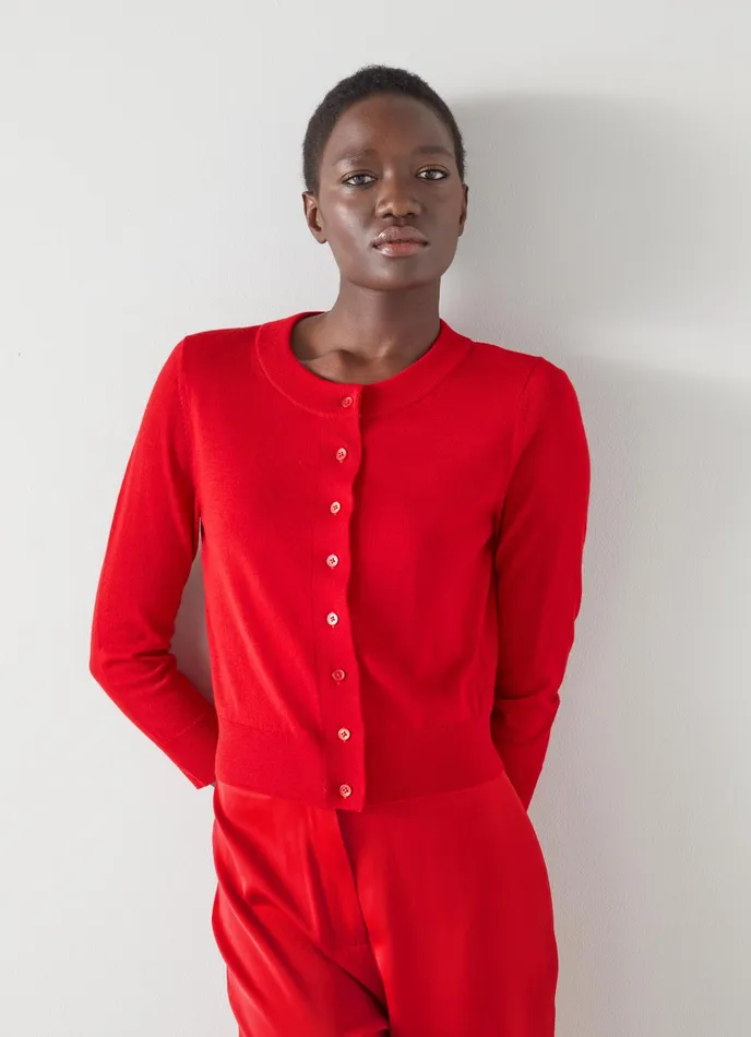 LK Bennett Connie Red Sustainably Sourced Merino Wool Cardigan Women Knitwear