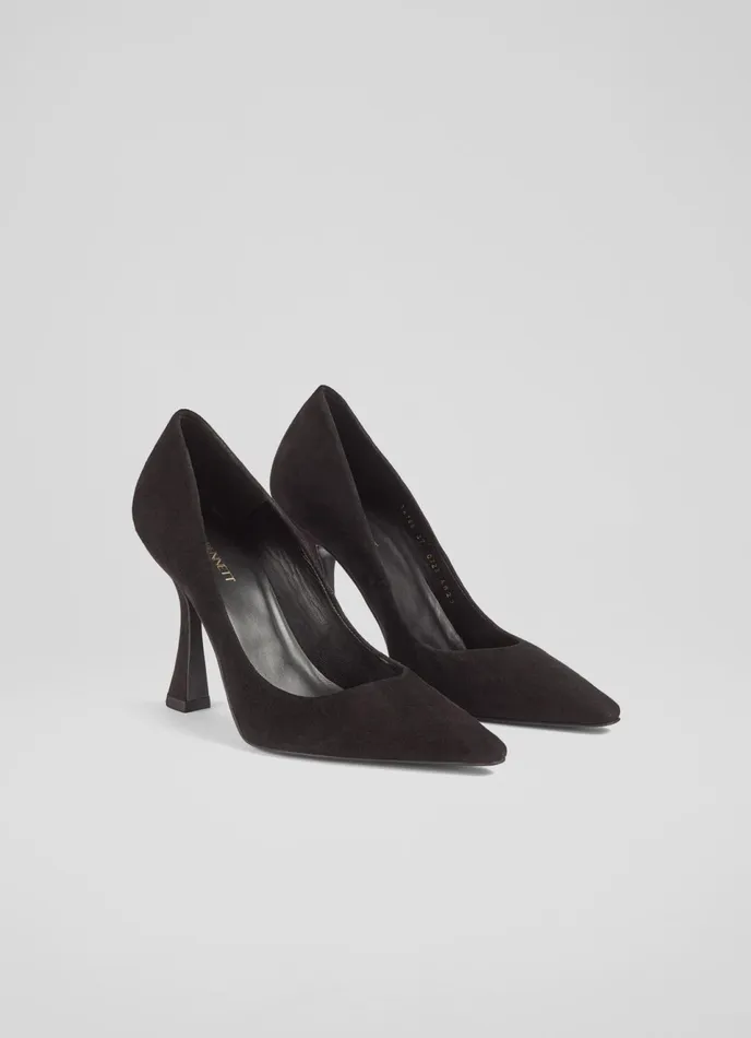 LK Bennett Dazzle Black Suede Flared Heel Courts Women Court Shoes