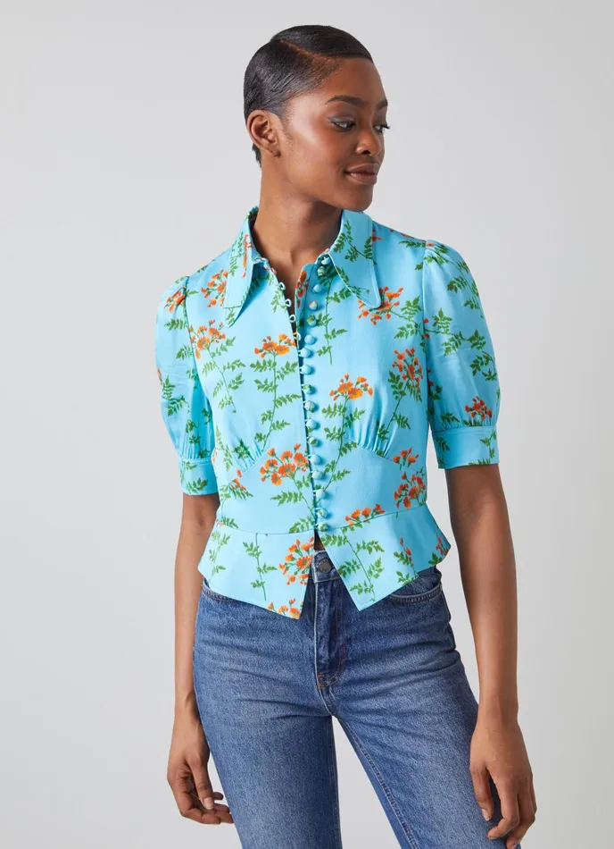 LK Bennett Esme Blue Valerian Floral Print Top Women Tops