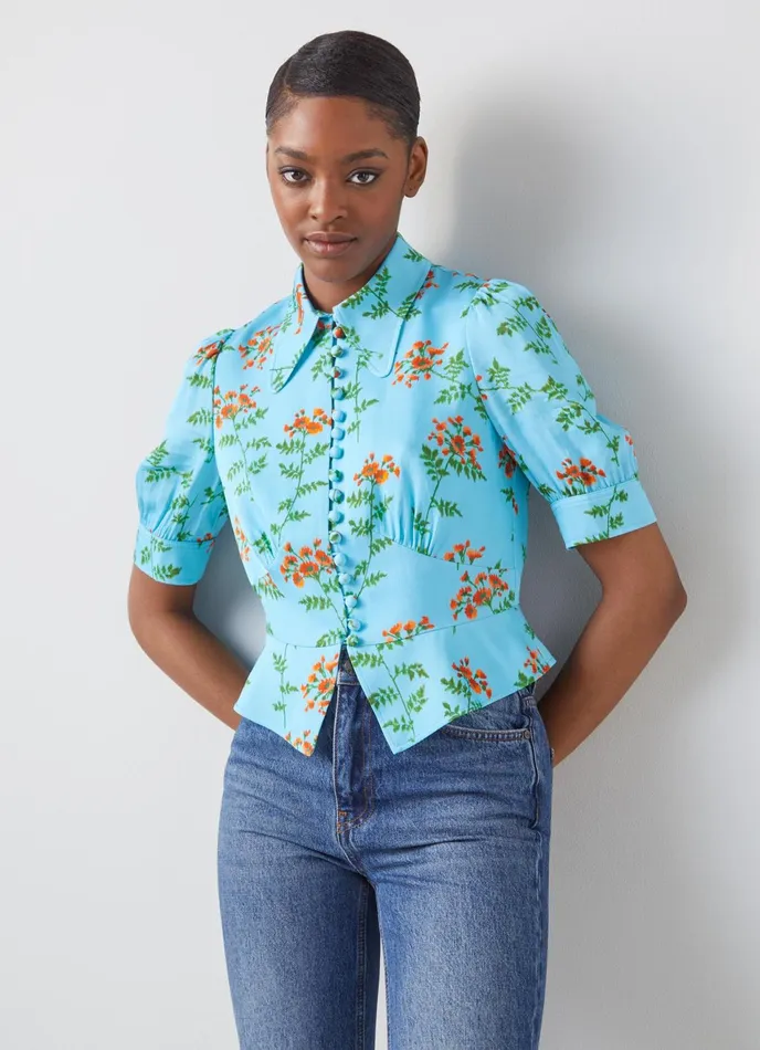 LK Bennett Esme Blue Valerian Floral Print Top Women Tops