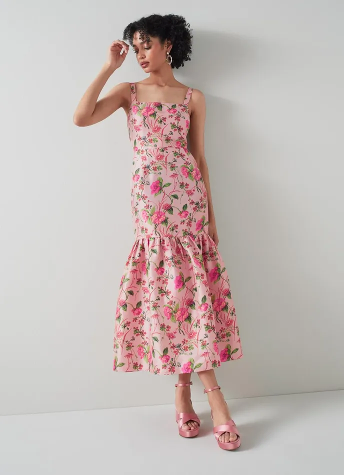 LK Bennett Essie Pink Chine Floral Print Raw Silk Dress Women Dresses