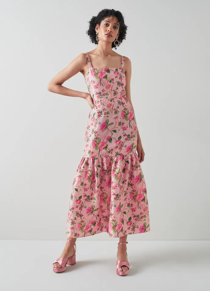 LK Bennett Essie Pink Chine Floral Print Raw Silk Dress Women Dresses