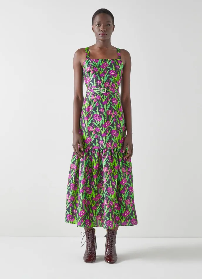 LK Bennett Essie Pink Chine Floral Print Raw Silk Dress Women Dresses