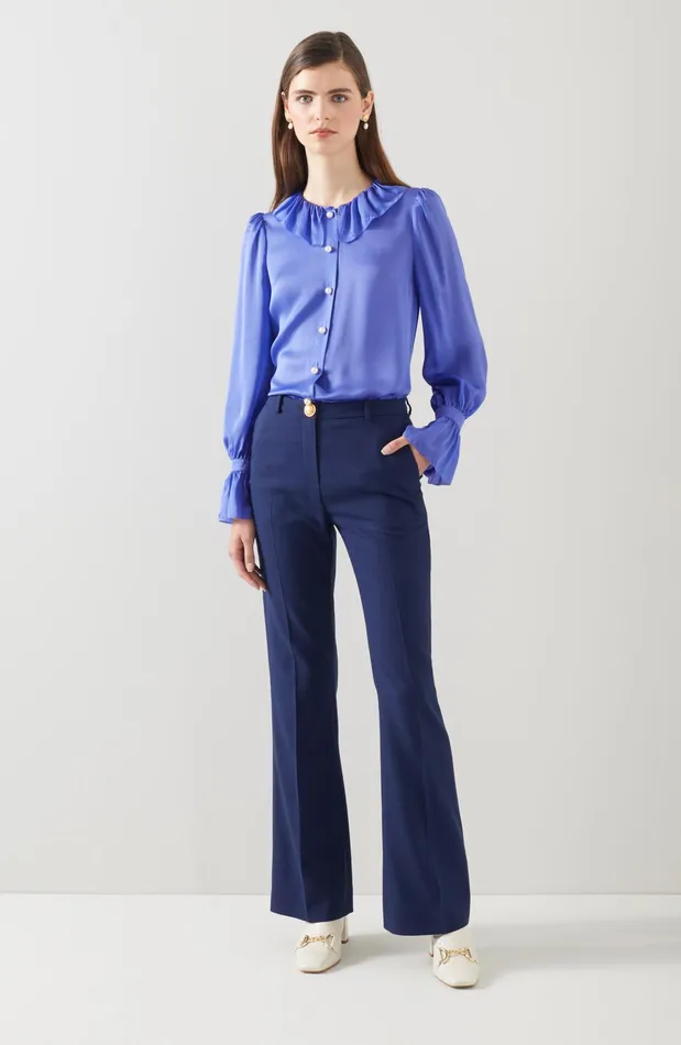 LK Bennett Farrow Blue Silk Ruffle Collar Blouse Women Tops