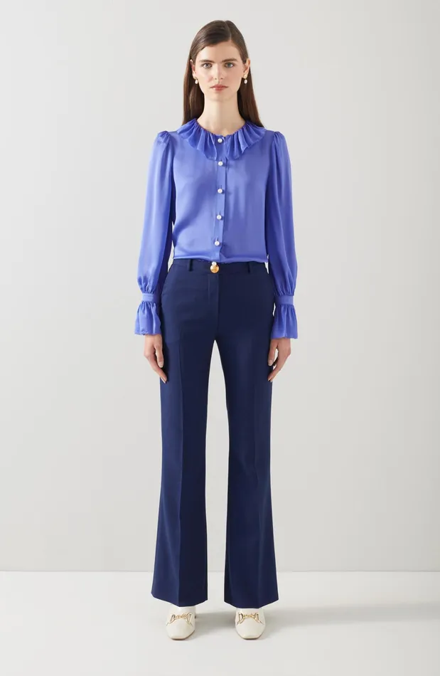 LK Bennett Farrow Blue Silk Ruffle Collar Blouse Women Tops