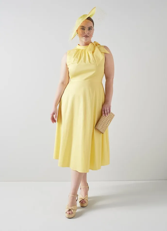 LK Bennett Freud Yellow Cotton Tie Neck Dress Women Dresses