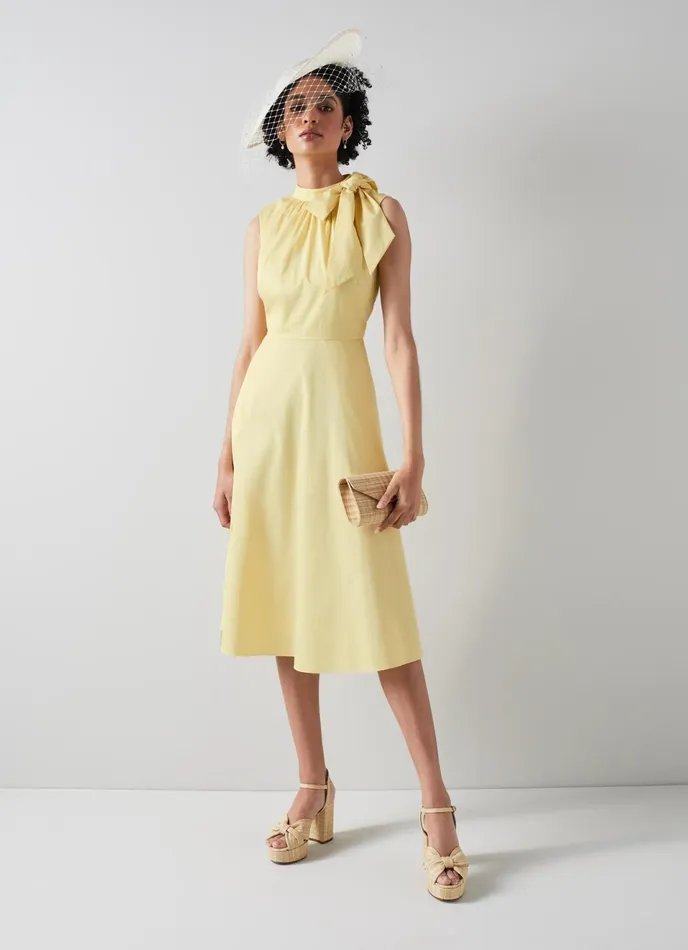 LK Bennett Freud Yellow Cotton Tie Neck Dress Women Dresses