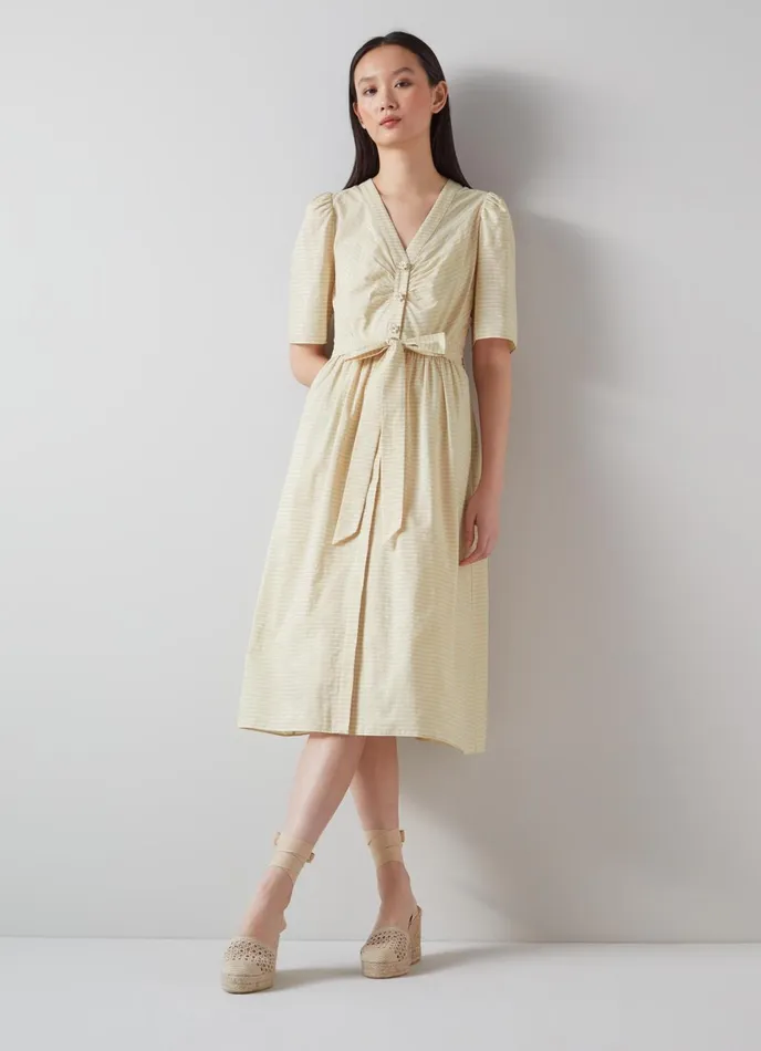 LK Bennett Hendrick Beige And Silver Stripe Cotton Dress Women Dresses